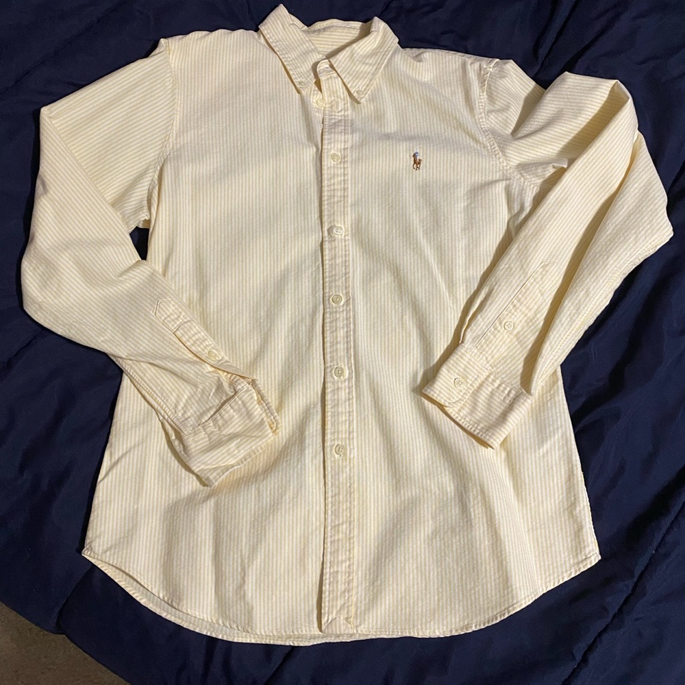 Boys Ralph Lauren Long Sleeve Button Up, Large, Yellow & White strips
